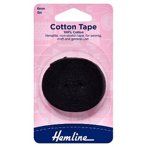 Cotton Tape 100% Cotton 6mm Black 5 m